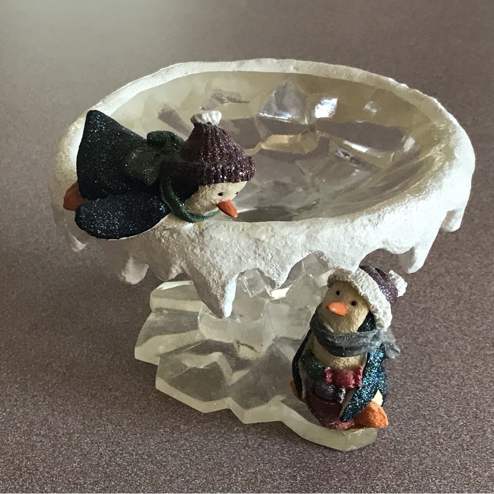 Resin & Acryllic Candy/Candle Holder Adorned by Cute Penguins 5”X5”